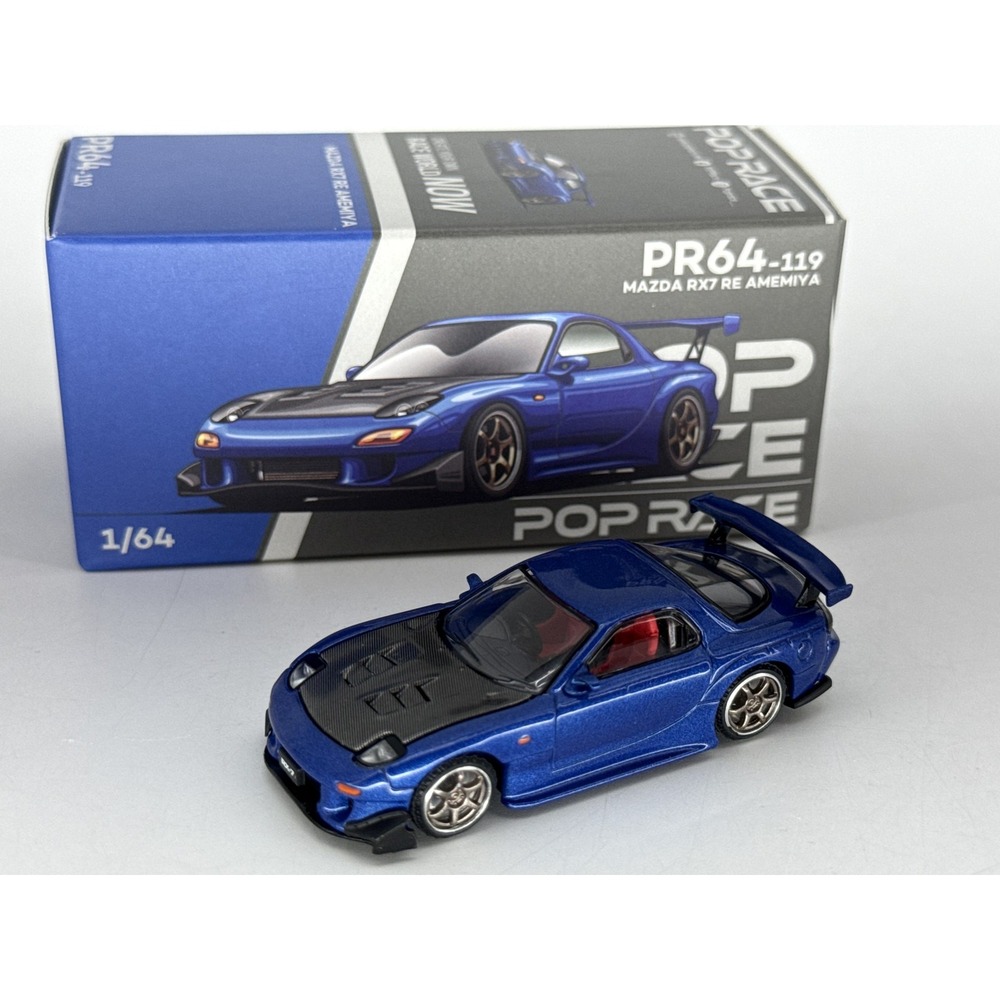 POP RACE Mazda RX7 RE Amemiya 1/64 Diecast Model Car Blue Limited Edition Chrome